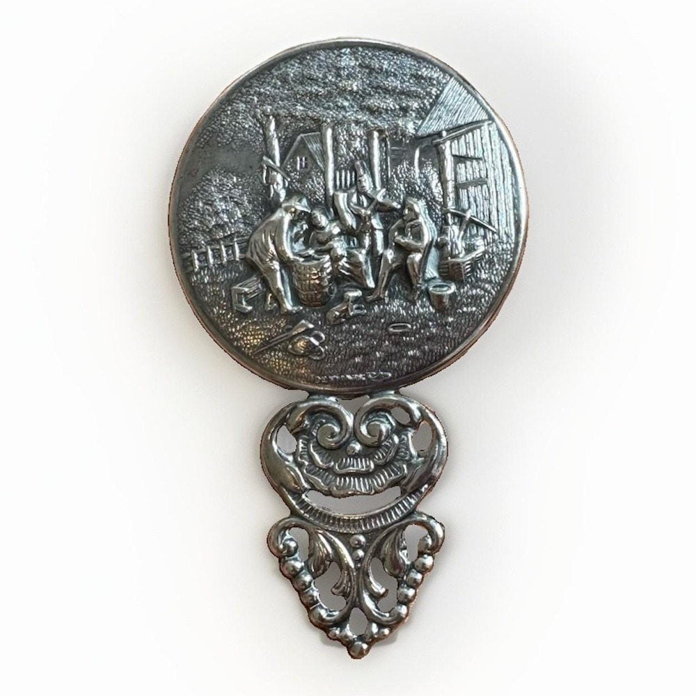 Vintage Hans Jensen of Denmark Pewter Hand Mirror Colonial Scene